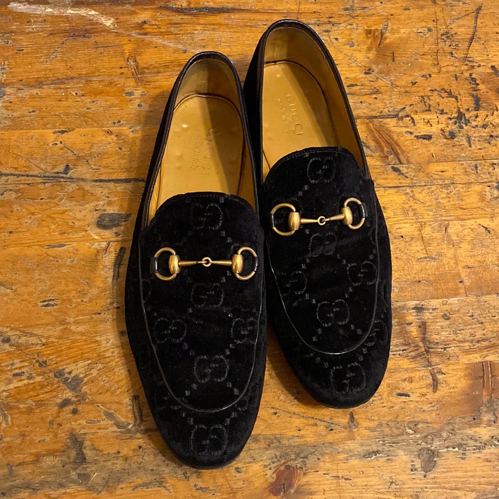 Mens Gucci Monogram  Loafers Black & Bronze horsebit leather and Velvet 10.5
